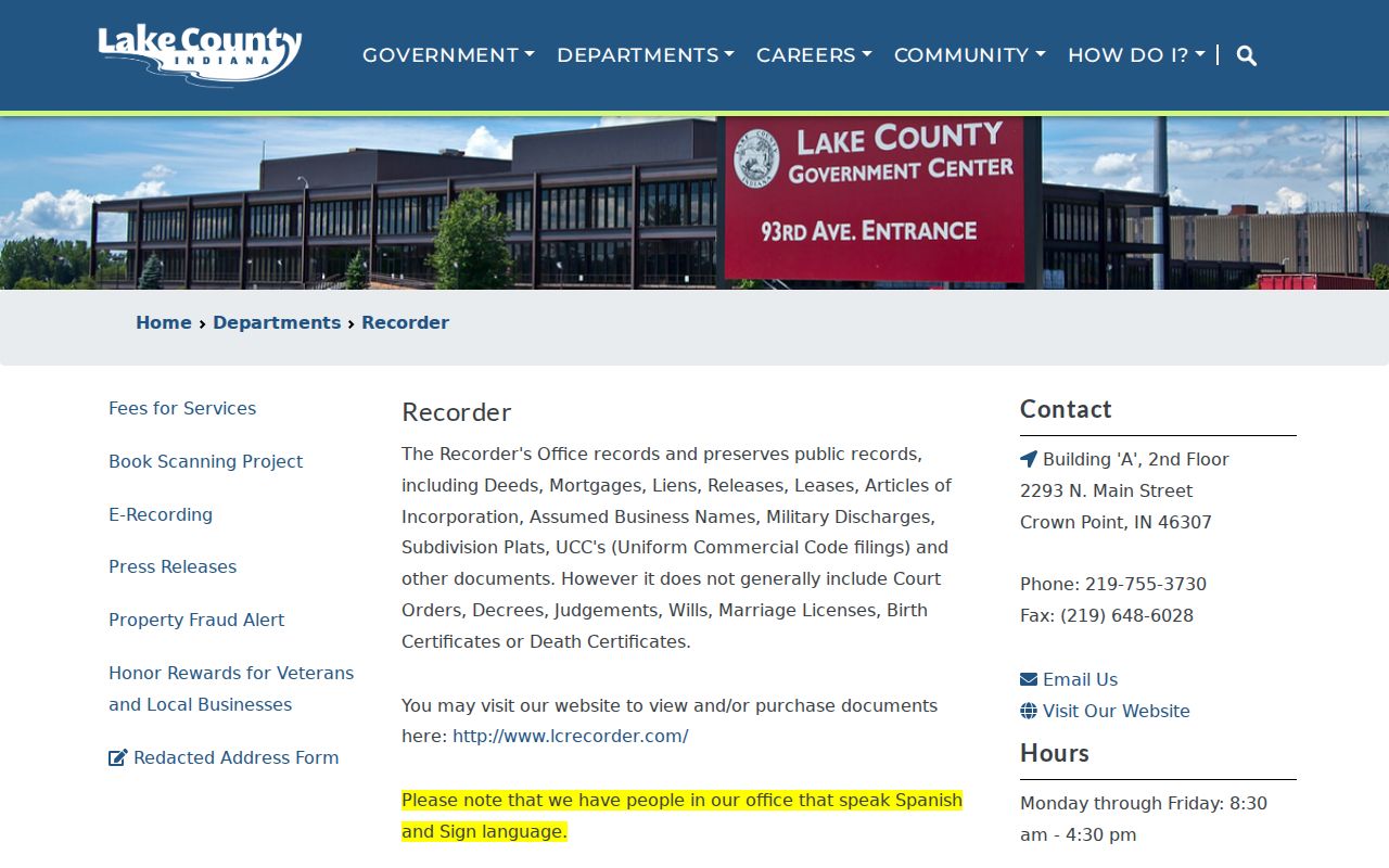 Hobart residents directory Lake County Recorder document types