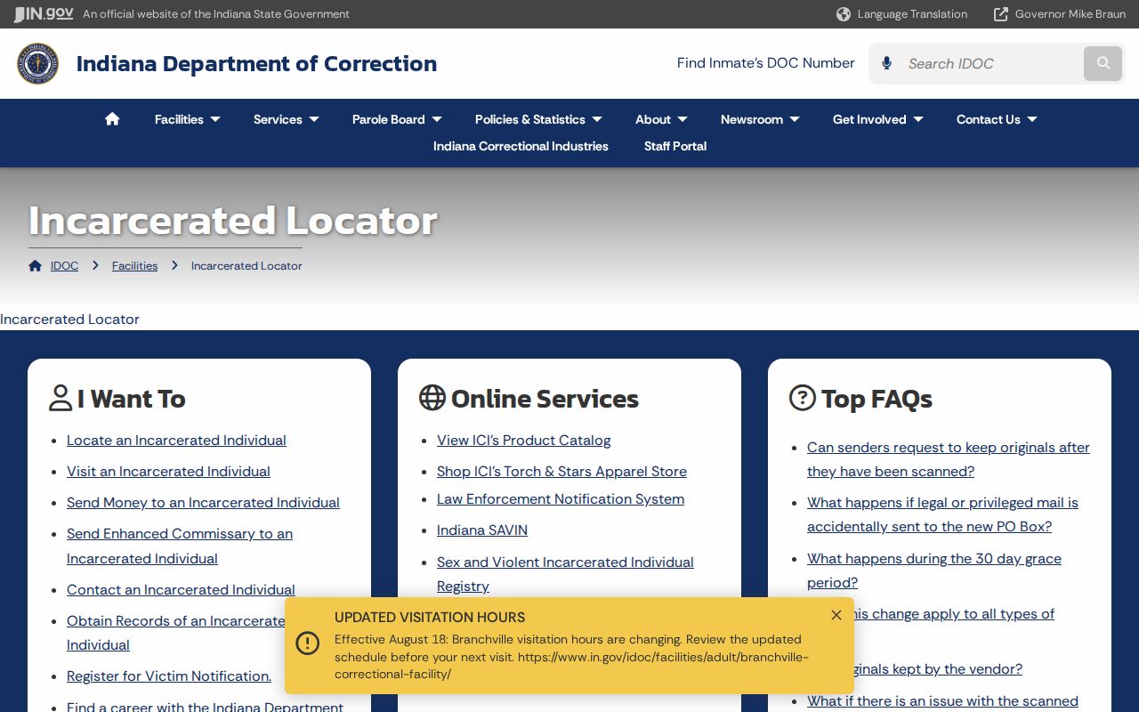 Indiana Department of Correction locator used to check an official custody record