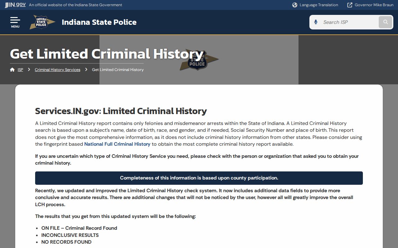 Indiana State Police limited criminal history scope and request routes
