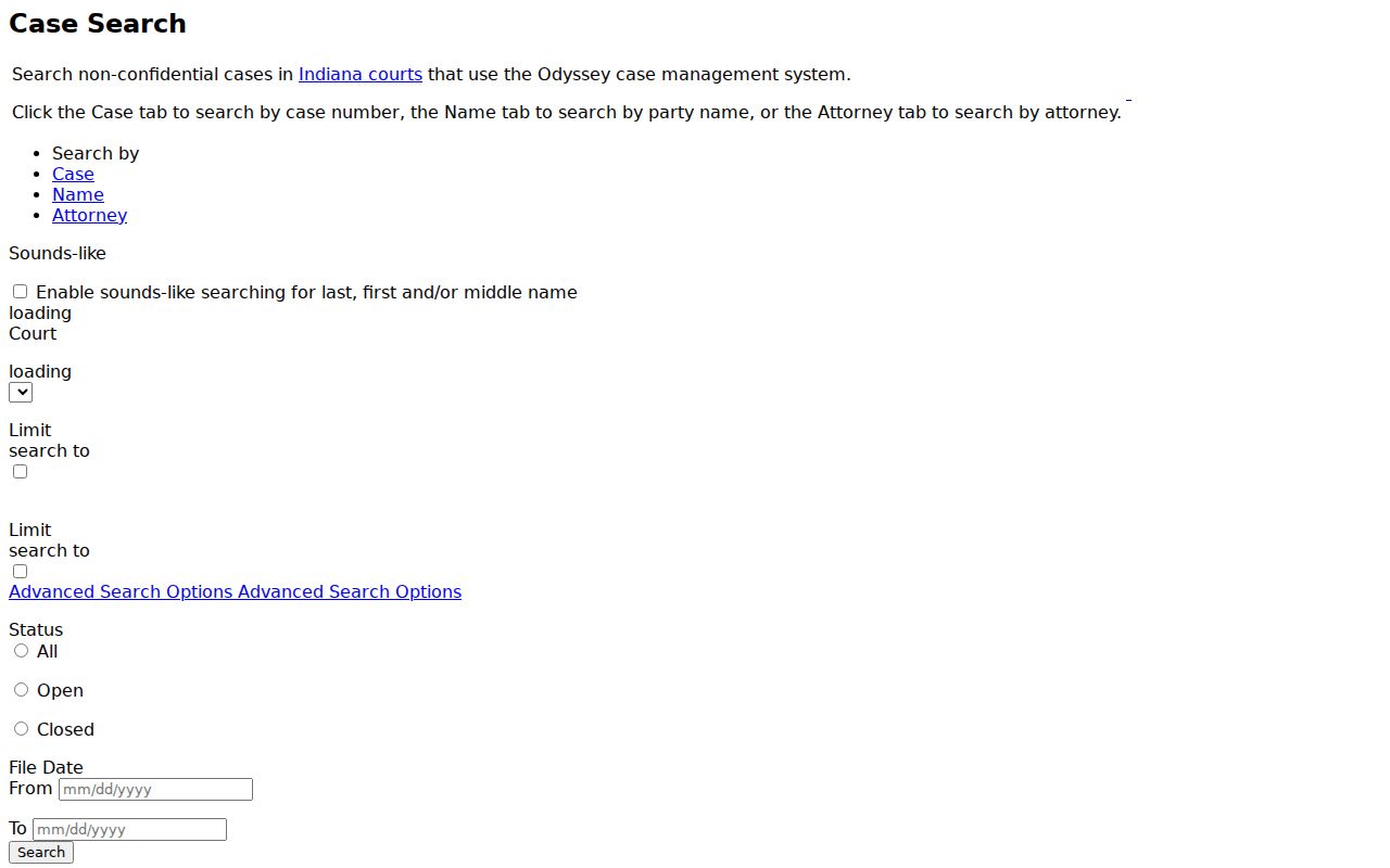 Indiana MyCase search controls used for a Hobart resident lookup